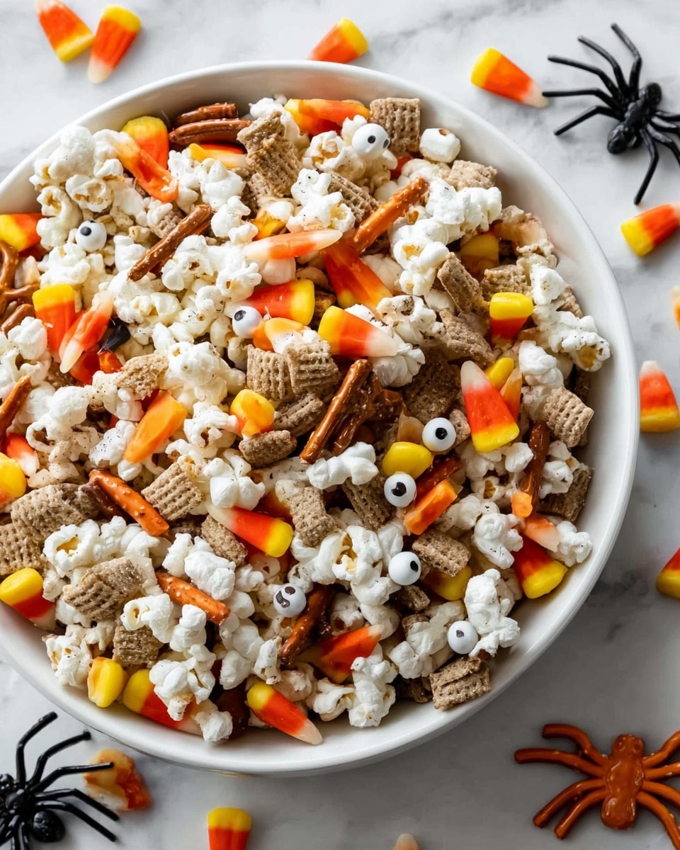 A white bowl filled with a mix of snack items that include white popcorn, orange and yellow candy corn, small round orange and yellow candies, light brown square cereal pieces, and light brown pretzel sticks spread evenly. The bowl sits on a white marbled surface. There are small black and white candy eyes scattered inside the bowl, adding a playful touch. Around the bowl, there are orange and black decorative plastic spiders enhancing a festive look. The overall mix shows a variety of textures—crunchy cereal and pretzels, soft popcorn, and smooth candies. Photo taken with an iphone --ar 4:5 --v 7