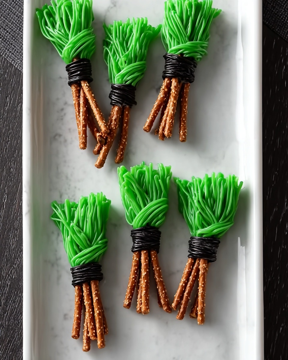The image shows six pretzel sticks arranged on a tall white rectangular plate placed on a white marbled surface. Each pretzel stick is topped with a small bundle of bright green chives tied with a thin black strip, making them look like small broomsticks. The pretzels have a shiny, grainy texture with visible salt crystals. The green chives are fresh and stand upright, tied neatly near the base of each bundle. The composition is clean and simple, with even spacing between the pretzel sticks. photo taken with an iphone --ar 4:5 --v 7