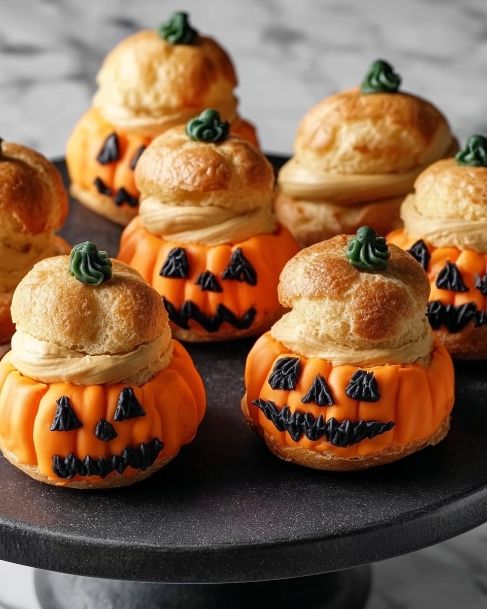 The image shows six small round pumpkin-shaped buns with carved faces painted in orange and black, placed on a white marbled surface. Each bun has two layers: a shiny golden-brown top shaped like a pumpkin lid with a small green stem, and a bottom layer designed like a jack-o'-lantern's face with triangle eyes, nose, and a jagged mouth painted in black and orange. The buns have a smooth texture with distinct grooves to mimic a pumpkin's ribs, positioned in clusters, some stacked on a white marble pedestal. Photo taken with an iphone --ar 4:5 --v 7