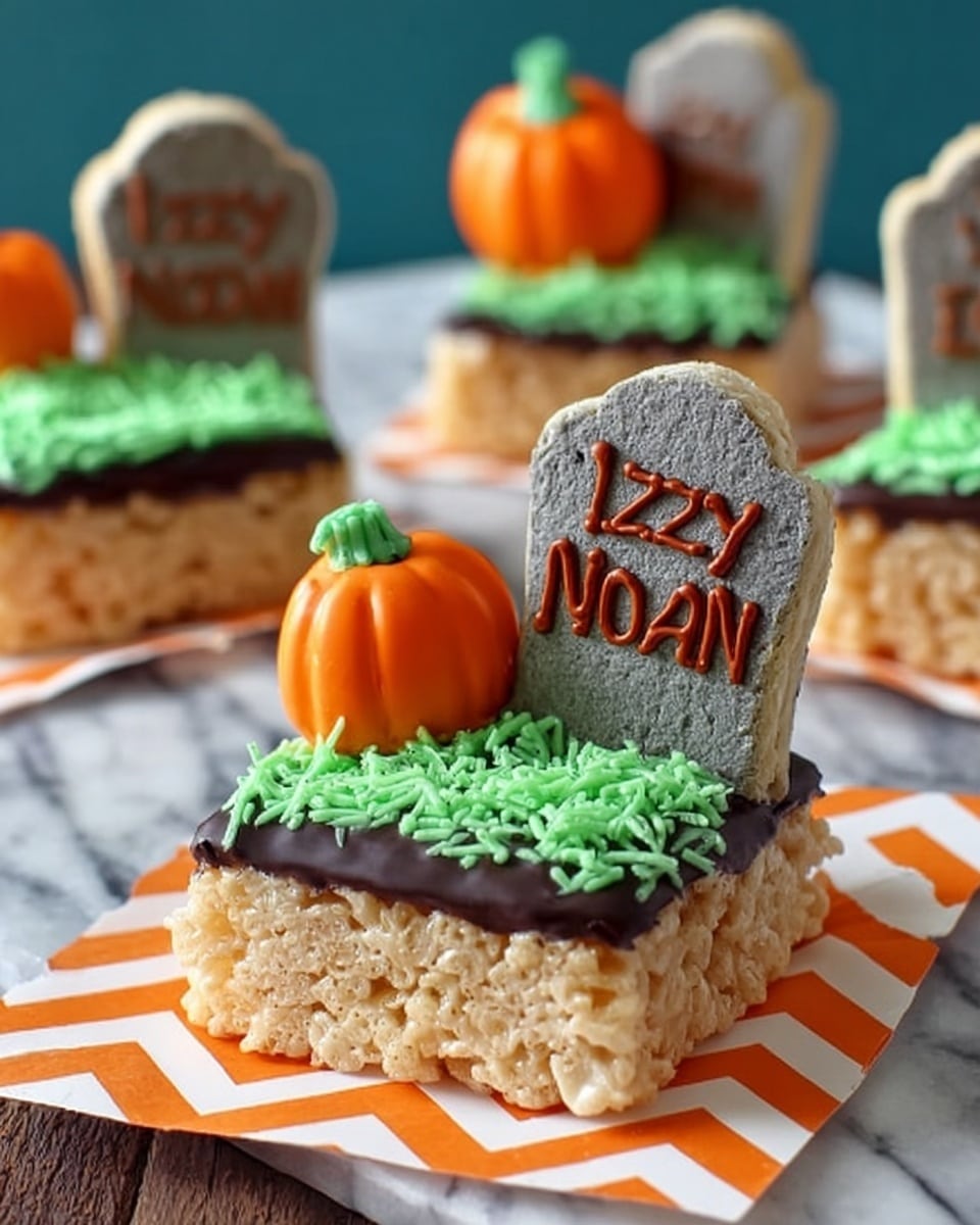The image shows a small square rice treat dessert placed on a white plate with orange and white zigzag patterned paper underneath. The dessert has three layers: a light tan base made of rice treats, topped with a thin dark brown chocolate layer that covers the top surface, and a tombstone shaped cookie standing upright on the back side of the treat. The cookie is colored dark gray with slightly uneven texture and has red writing that says
