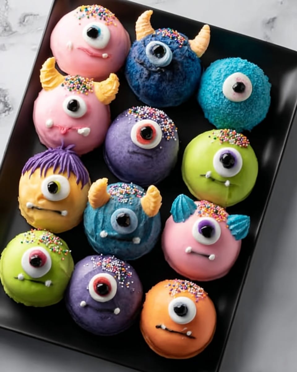 A black rectangular tray holds eleven colorful round desserts with different decorations, each designed like a cute monster face. There are layers of smooth frosting in bright colors such as blue, pink, purple, green, and orange. Each dessert has one large eye made from white, green, or yellow icing placed in the center, with colorful sprinkles or small candy pieces surrounding the eyes. Some desserts have horns or ears made from yellow or blue candy shapes, and others have small icing details resembling eyelashes or hair in black and other colors. The background is a white marbled surface. photo taken with an iphone --ar 4:5 --v 7