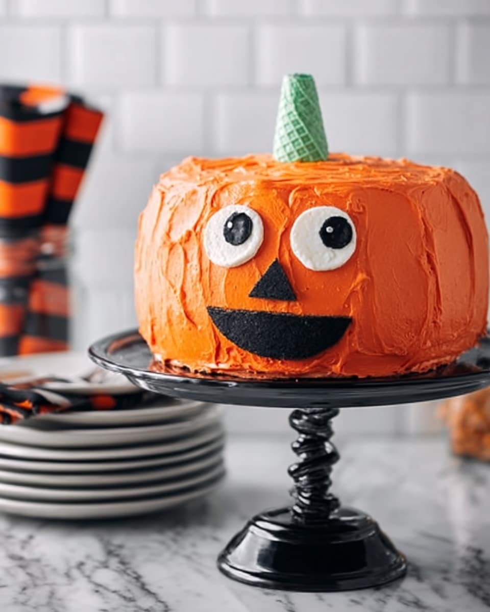 The image shows a pumpkin-shaped cake with bright orange frosting smoothly covering the entire round cake, creating a pumpkin look with slight vertical ridges to mimic pumpkin grooves. The cake has two large, round eyes made of white and black frosting, a small black triangle nose in the center, and a black smiling mouth with a single tooth on the lower right side. On top of the cake is a green ice cream cone placed upside down, resembling a pumpkin stem. The cake sits on a black cake stand with a twisted stem. The background features a white marbled surface, and on the side, there is a small black container wrapped with an orange and black checkered ribbon holding white flowers. Photo taken with an iphone --ar 4:5 --v 7