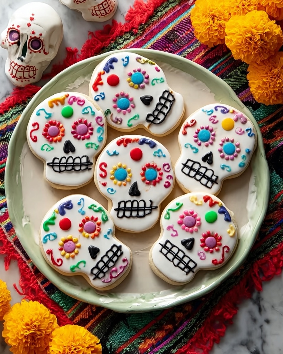 The image shows five sugar skull cookies placed on a white plate with a light blue tint and leaf-like embossing around the edge, resting on a white marbled surface partly covered by a red woven cloth. Each cookie has a white icing base shaped like a skull and decorated with colorful candy beads and swirled candy pieces in red, green, pink, orange, yellow, and blue. The skulls have detailed features: black icing lines for teeth and eyes, multicolored candy beads arranged in patterns like circles and dots, and small candy swirls enhancing the eyes and forehead. Around the plate are two small painted skulls and bright yellow-orange marigold flowers, adding vibrant color to the setting. The photo taken with an iphone --ar 4:5 --v 7