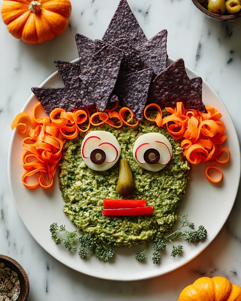 The dish is a face made with four main layers on a white plate placed on a white marbled surface. The base layer is a roughly shaped mound of green guacamole forming the whole face with a soft, slightly chunky texture. On top of this are thin spiral orange carrot ribbons, positioned on both sides to look like curly hair. At the top of the face, there is a dark purple triangle chip hat made from multiple stacked chips, forming three visible overlapping layers with a rough texture. The eyes are made with two round slices of white radish topped with black olive halves and small red dots in the center. The nose is a small pickle laid horizontally. The mouth consists of two stacked bright red bell pepper pieces with a shiny smooth texture. Small green sprigs are placed around the chin and cheek for detail. Photo taken with an iphone --ar 4:5 --v 7