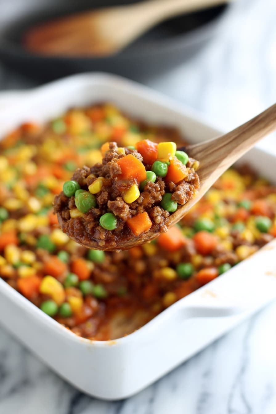 A wooden spoon holds a scoop of a cooked dish showing three main layers: a top layer of bright green peas and orange carrot cubes mixed with yellow corn kernels, a middle layer of cooked ground beef with a slightly browned and soft texture, and a bottom layer of a thick brownish sauce with bits of diced tomatoes. The dish is inside a white rectangular ceramic baking dish set on a white marbled surface. In the background, a black pan with a wooden spoon rests blurred out. Photo taken with an iphone --ar 2:3 --v 7 - Creepy Shepherd’s Pie, Ghost Shepherd’s Pie, Halloween Shepherd’s Pie, Spooky Shepherd’s Pie, Ghost Potatoes