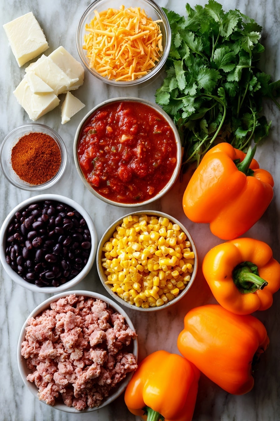 Flat lay of vibrant orange bell peppers with shiny, smooth skins and firm, hollowed interiors, mounds of fresh, bright yellow corn kernels, glossy black beans with a deep, rich color, raw ground turkey with a pale pink, slightly crumbly texture, sprigs of fresh green cilantro leaves scattered delicately, wedges of creamy white and orange cheddar and pepper jack cheese showing marbled patterns, small piles of warm reddish-brown taco seasoning powder, and a bowl of chunky red salsa with visible tomato, onion, and pepper bits, all beautifully arranged with natural spacing and slight overlap to create depth and interest, placed on white marbled surface, photo taken with an iphone --ar 2:3 --v 7 - Jack-o-lantern Stuffed Bell Peppers, Halloween stuffed peppers, festive stuffed bell peppers, healthy Halloween dinner, spooky stuffed peppers