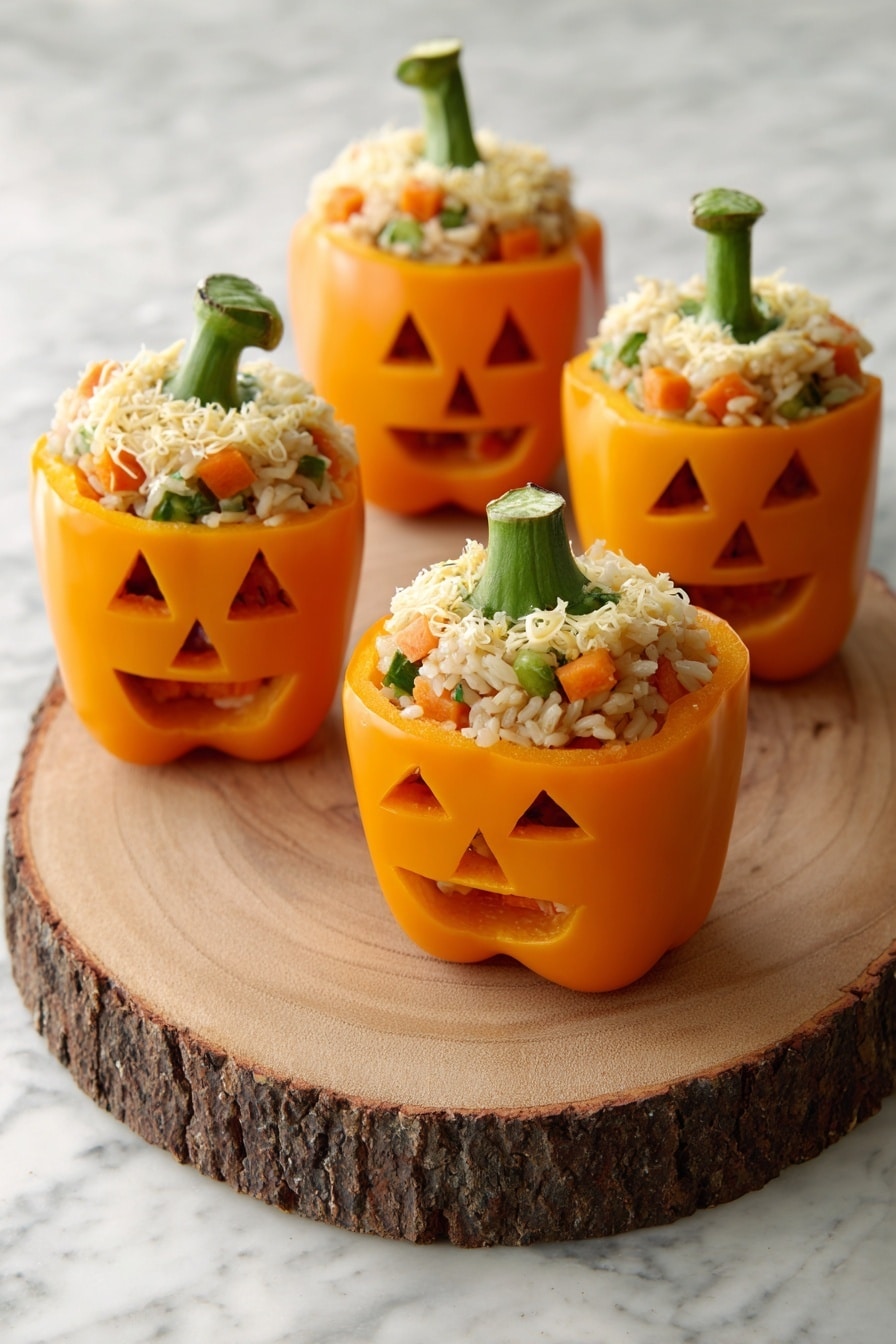 A woman's hand with dark blue nail polish is holding a bright orange bell pepper that has a carved Jack-o'-lantern face. The pepper is filled with a mixture of cooked ground meat, corn, and shredded cheese. Around it, four more orange bell peppers are filled with the same meat and cheese mix, two with pepper tops on and two without. All the peppers sit on a round wooden board placed on a white marbled surface. The colors are vibrant with the orange peppers, yellow corn, and white-yellow cheese visible. Photo taken with an iphone --ar 2:3 --v 7 - Jack-o-lantern Stuffed Bell Peppers, Halloween stuffed peppers, festive stuffed bell peppers, healthy Halloween dinner, spooky stuffed peppers
