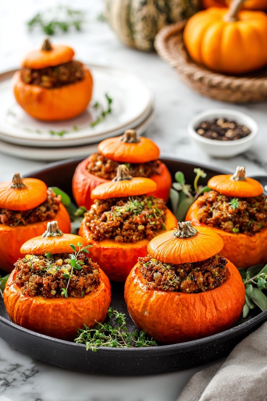 The dish shows a small orange pumpkin split into two parts, with the bottom part filled with a crumbly, brown stuffing that has a slightly rough texture. The pumpkin lid is placed on top but slightly off to the side, sprinkled with coarse salt and cracked pepper, showing its rough, ridged surface and stem in the middle. The pumpkin sits on a white plate, with some fresh green herbs, including sage and thyme, positioned behind it. A gold fork is inserted into the stuffing, resting at the bottom of the plate on a white marbled surface. A portion of a striped cloth napkin and a second plate with another stuffed pumpkin are also partially visible nearby. photo taken with an iphone --ar 2:3 --v 7 - Stuffed Mini Pumpkins with Savory Ground Beef and Pumpkin Puree, mini pumpkin stuffed recipes, fall pumpkin dinner ideas, savory stuffed pumpkins, easy pumpkin stuffed vegetables