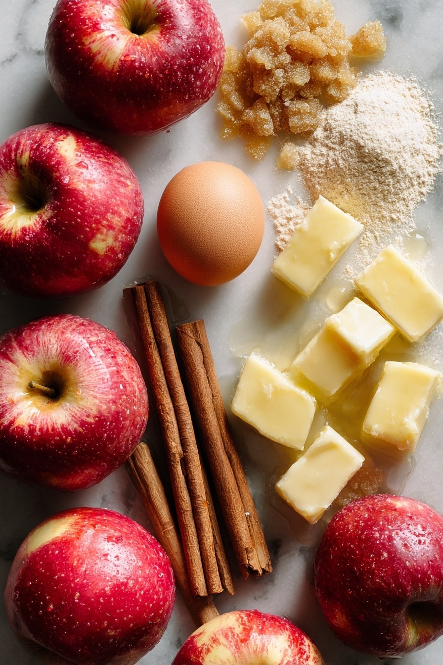 Flat lay of vibrant fresh Pink Lady apples with shiny red and yellow skins, golden brown sugar crystals in a small mound, smooth sticks of cinnamon with a rich dark brown color, cold unsalted butter cubes in pale creamy yellow, a small pile of finely ground almond flour with a soft, powdery texture, translucent water droplets glistening as if just poured, and a fresh whole egg with a glossy white shell, all beautifully arranged with natural spacing and varied angles, placed on white marbled surface, photo taken with an iphone --ar 2:3 --v 7 - Apple Pie à la Mode, apple pie with ice cream, homemade apple pie recipe, easy apple pie dessert, classic apple pie with ice cream