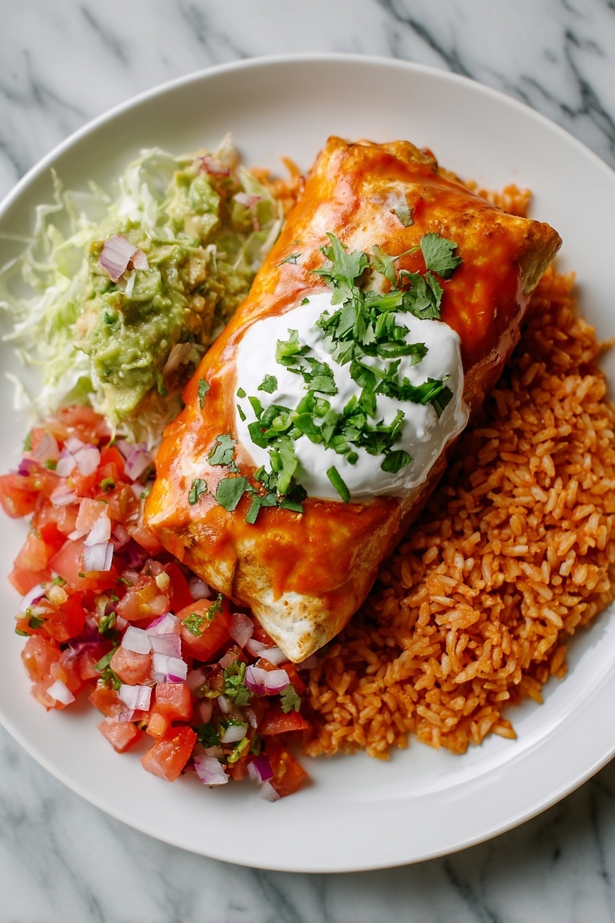 Two golden-brown rolled tortillas filled with cooked chicken and sauce sit side by side on a white plate with speckled edges. On top of the tortillas is a dollop of white sour cream and chunky red salsa with small bits of tomato, onion, and herbs, scattered with chopped green cilantro leaves. Beside the tortillas is a serving of orange-yellow seasoned rice sprinkled lightly with green herbs. A few fresh cilantro leaves are placed near the edge of the plate. The plate is set on a white marbled surface. photo taken with an iphone --ar 2:3 --v 7 - Chicken Chimichangas, Best Chicken Chimichangas, Tex-Mex Chicken Wraps, Crunchy Chicken Fajitas, Easy Chicken Chimichangas