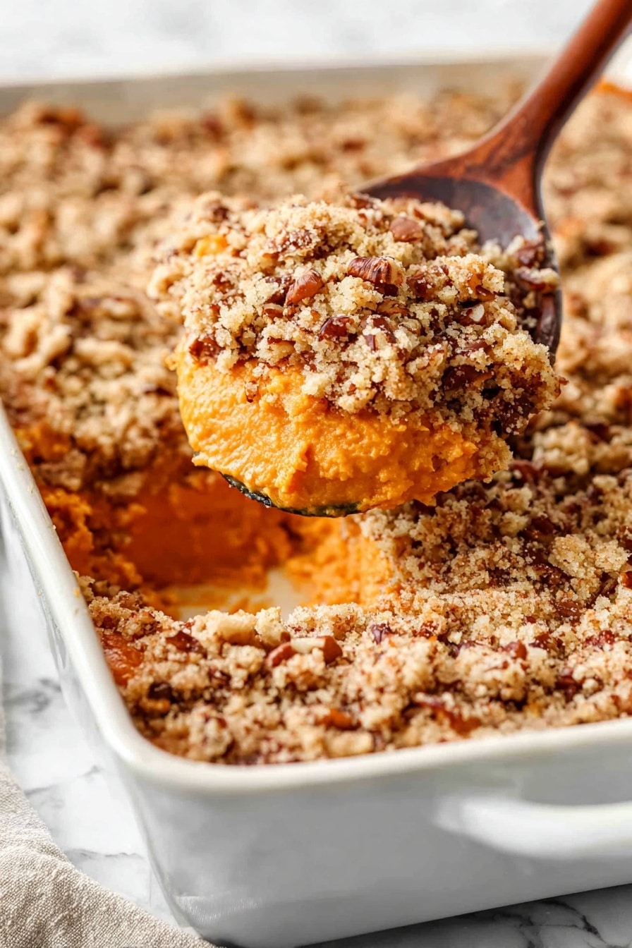 The image shows a white rectangular baking dish filled with a thick layer of golden brown crumble topping, textured with small crunchy bits and chopped pecans mixed in. The crumble has a coarse, crumbly surface with a warm toasted color. The baking dish sits on a white marbled surface scattered with more pecan pieces. To the right, there is a wooden spoon with a smooth finish, and a grey and white patterned cloth is placed partially under the left side of the dish. Photo taken with an iphone --ar 2:3 --v 7 - Sweet Potato Casserole, sweet potato side dish, holiday casserole recipe, comforting sweet potato dish, pecan topping sweet potato