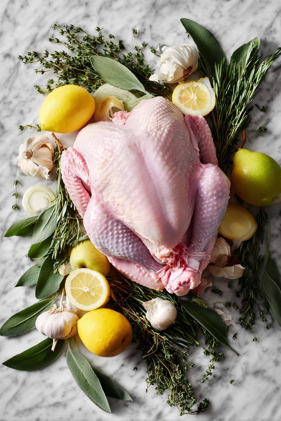 Flat lay of a large raw whole turkey with pale pink skin, surrounded by fresh quartered yellow lemon slices, crisp white onion wedges, and bright red apple quarters. Sprigs of vibrant green rosemary, thyme, and sage are artfully scattered around, showcasing their delicate needle-like and leafy textures. Clusters of plump, peeled garlic cloves with smooth ivory skins add interest, all placed on a white marbled surface, photo taken with an iphone --ar 2:3 --v 7 - Easy No Fuss Thanksgiving Turkey, stress-free turkey recipe, juicy flavorful turkey, simple holiday turkey, foolproof Thanksgiving turkey