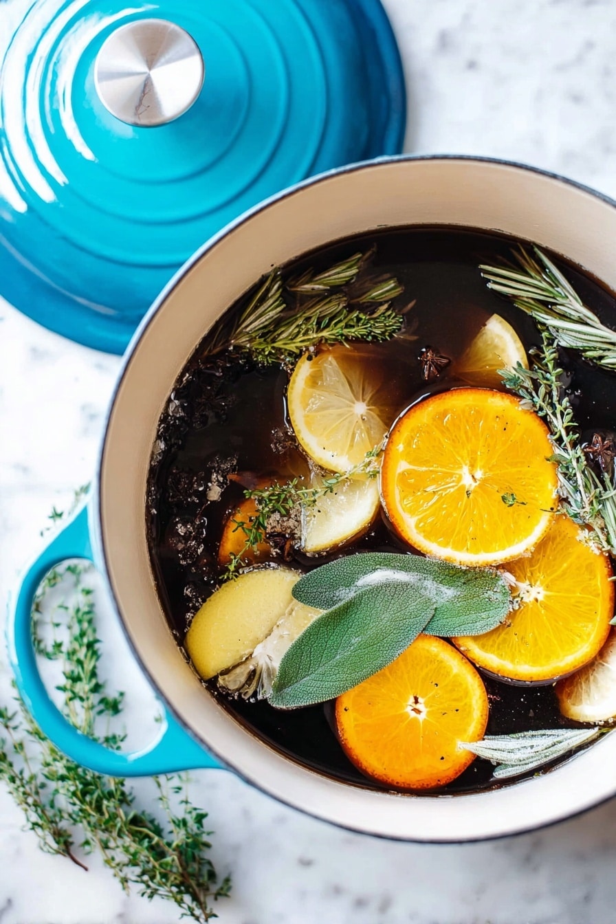 The image shows a white pot with a blue lid next to it, sitting on a white marbled surface. Inside the pot, there are two large pieces of pale chicken partially submerged in clear broth filled with herbs and vegetables. The broth layer is transparent brown with small dark herb bits floating on top. On the surface, there are bright green fresh herb leaves along with small yellow lemon pieces and orange carrot chunks scattered around the chicken. The overall look is fresh and light, with the mix of green, yellow, white, and orange colors floating in the broth. Photo taken with an iphone --ar 2:3 --v 7 - Easy Turkey Brine with Citrus and Herb Butter, citrus herb turkey brine, juicy turkey marinade, flavorful turkey preparation, holiday turkey tips
