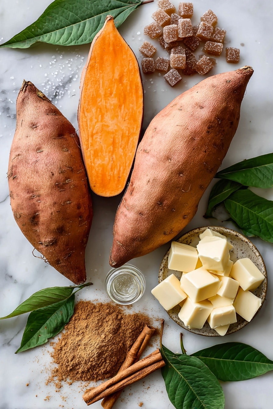 Flat lay of three large sweet potatoes with vibrant orange flesh, a small pile of rich dark brown sugar crystals glistening, golden cubes of salted butter with smooth, creamy texture, a small heap of warm cinnamon powder in reddish-brown tones, a delicate sprinkle of light brown nutmeg powder, and a tiny glass vial of clear vanilla extract, all naturally arranged with scattered cinnamon sticks and a few sweet potato leaves for a touch of green, placed on white marbled surface, photo taken with an iphone --ar 2:3 --v 7 - The Best Candied Yams, candied yams recipe, sweet potato side dish, holiday yams, caramelized sweet potatoes