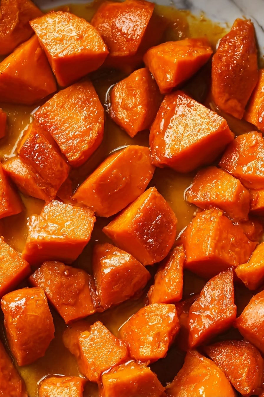The image shows a close-up of a baking dish filled with chunks of cooked orange sweet potatoes. The sweet potato pieces have a shiny, slightly glazed surface that suggests they have been cooked with some kind of sauce or seasoning, giving them a rich orange color. The chunks are unevenly shaped but generally medium-sized. On the right side, a metal spoon holding several sweet potato pieces is partially submerged in the sauce at the bottom of the white marbled background. The overall look is warm, soft, and moist with a textured appearance on the sweet potatoes. Photo taken with an iphone --ar 2:3 --v 7 - The Best Candied Yams, candied yams recipe, sweet potato side dish, holiday yams, caramelized sweet potatoes