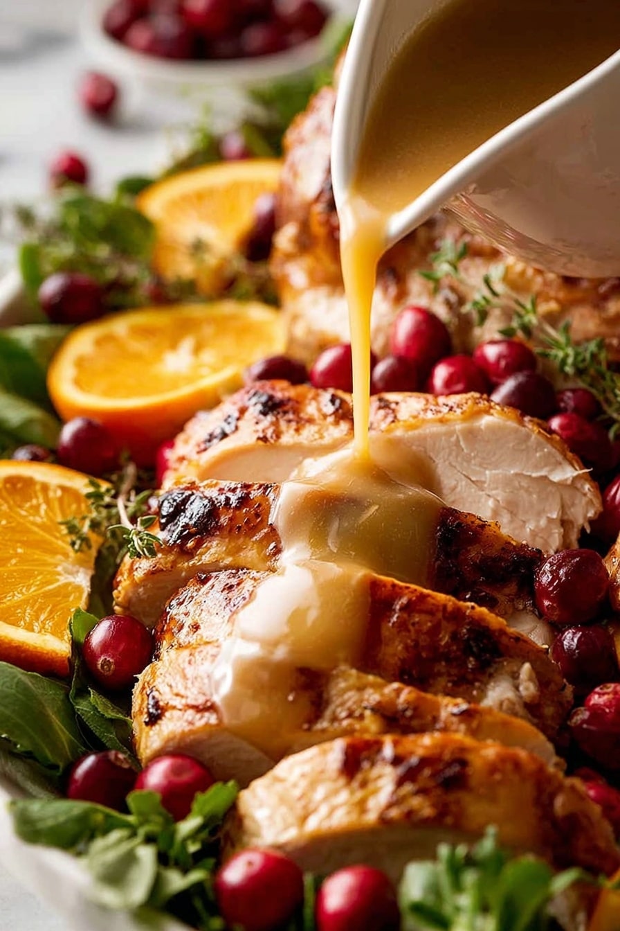 A close-up view of several layers of sliced roasted turkey arranged on a bed of green leafy herbs and bright red cranberries. Light brown gravy is being poured from a white jug onto the center of the thick turkey slices, creating a glossy sauce layer. Orange slices are placed on the side, adding a pop of vibrant color. The whole scene rests on a white marbled surface. photo taken with an iphone --ar 2:3 --v 7 - Juicy Roast Turkey with Herb Butter and Garlic-White Wine Baste, roast turkey, holiday turkey recipe, turkey cooking tips, flavorful Thanksgiving turkey