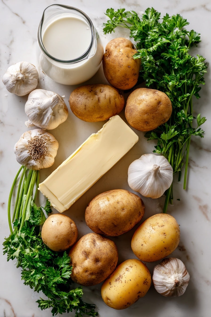 Flat lay of peeled russet and Yukon gold potatoes in varying warm beige and golden hues, whole garlic cloves with their smooth white skins, a rich slab of creamy golden salted butter, and a small glass jug of fresh white milk, all beautifully arranged with sprigs of bright green parsley adding a pop of color, placed on white marbled surface, photo taken with an iphone --ar 2:3 --v 7 - Best Mashed Potatoes, Creamy Mashed Potatoes, Easy Mashed Potatoes, Perfect Mashed Potatoes, Homemade Mashed Potatoes
