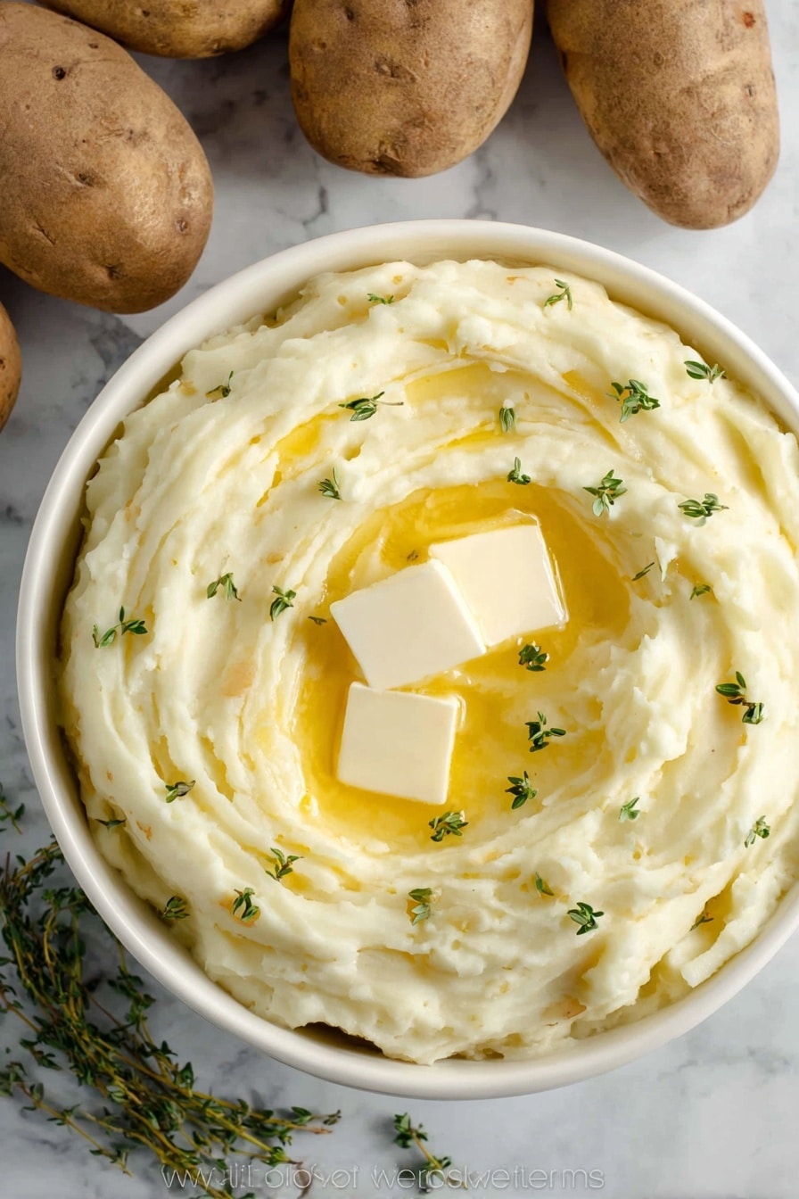 A white bowl filled with creamy mashed potatoes swirled in soft peaks, with two small square pieces of butter melting on top, creating a glossy yellow pool in the center. Scattered small green thyme leaves add a fresh color contrast. The bowl is placed on a white marbled surface, and several whole brown potatoes are in the background. photo taken with an iphone --ar 2:3 --v 7 - Best Mashed Potatoes, Creamy Mashed Potatoes, Easy Mashed Potatoes, Perfect Mashed Potatoes, Homemade Mashed Potatoes