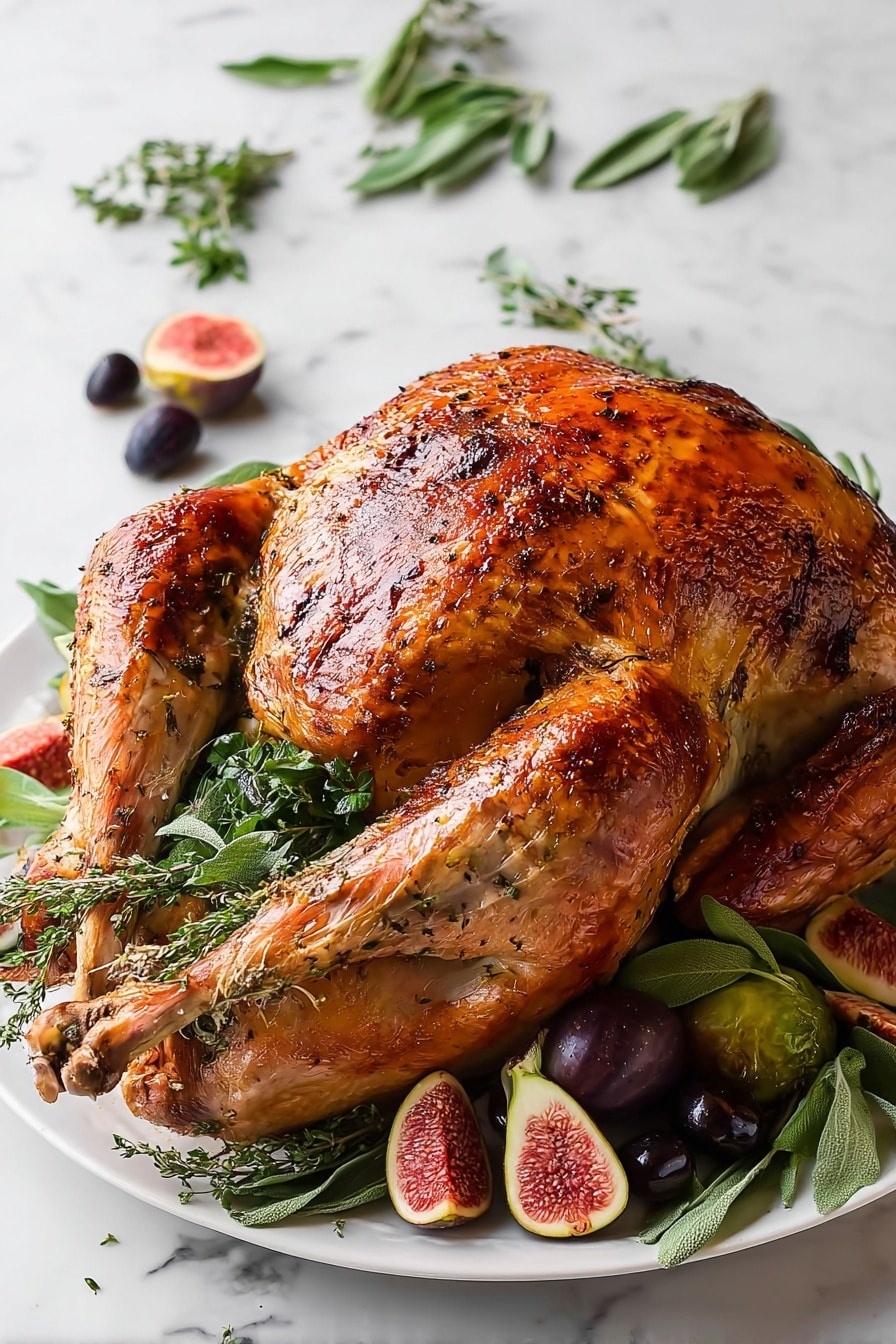 A whole roasted turkey with a shiny, golden brown skin speckled with black pepper sits centered on a white plate, resting on a bed of green herbs including rosemary and thyme. The turkey has a crispy textured surface and shows well-cooked legs and wings slightly spread out. Around the plate, there are dark purple olives and halved fresh figs with a pink-red interior. Sprigs of fresh herbs and additional fig halves are scattered on the white marbled surface beneath and around the plate. photo taken with an iphone --ar 2:3 --v 7 - Garlic Butter Roasted Turkey, roasted turkey recipe, juicy turkey, holiday turkey, garlic herb turkey