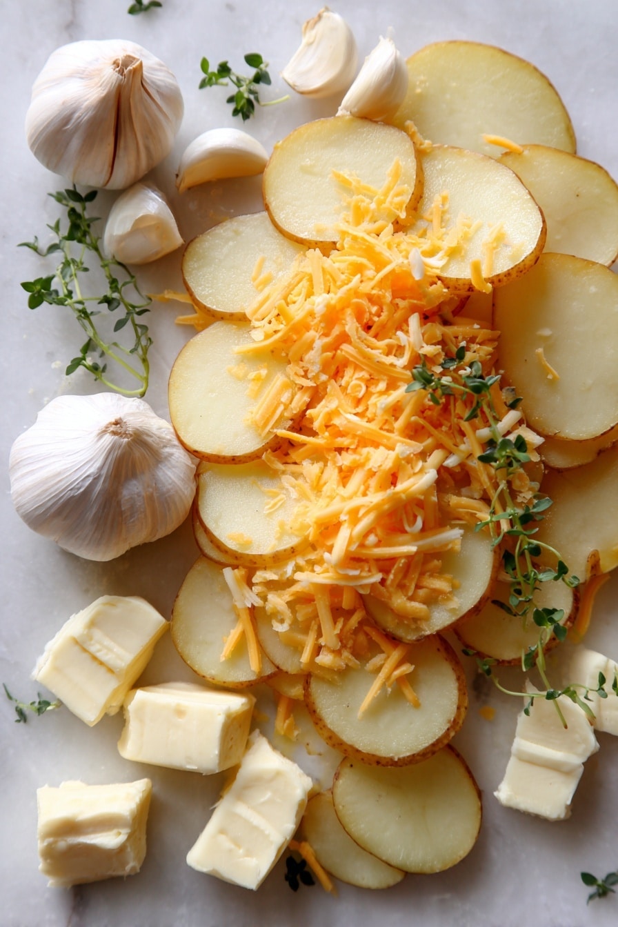 Flat lay of thinly sliced golden Yukon Gold potatoes with smooth, slightly curved edges, generous mounds of freshly grated sharp orange cheddar cheese mixed with pale, finely shredded parmesan, several creamy white garlic cloves with papery skins partially peeled, small chunks of rich pale yellow butter with a soft texture, and a few sprigs of fresh green herbs for contrast, all naturally arranged with a gentle overlap and casual spacing, placed on white marbled surface, photo taken with an iphone --ar 2:3 --v 7 - Easy Cheesy Scalloped Potatoes, cheesy scalloped potatoes, scalloped potatoes recipe, creamy cheesy potatoes, simple scalloped potato dish