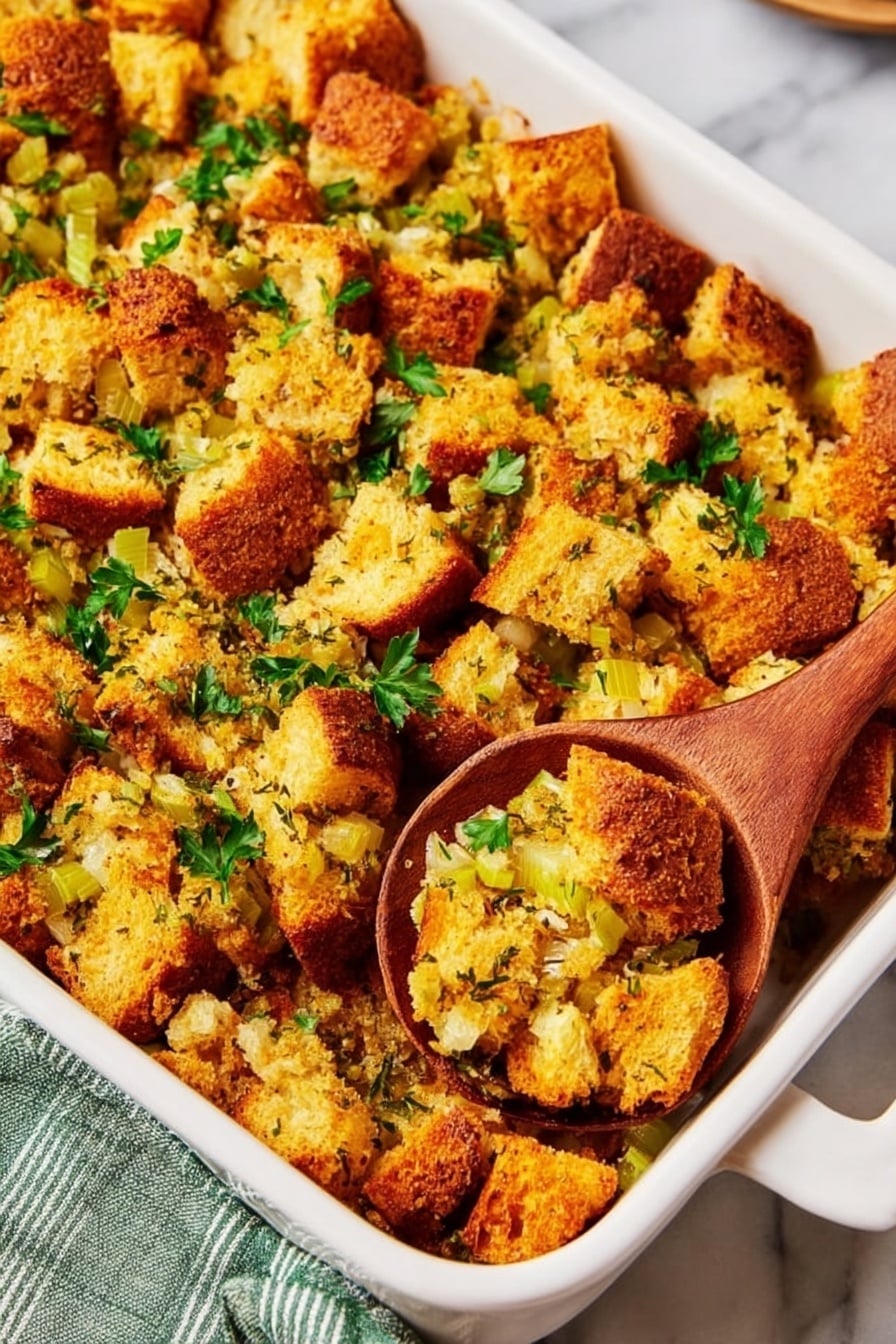 The image shows a white rectangular baking dish filled with golden-brown toasted croutons mixed with green celery pieces and scattered fresh parsley leaves on top. The texture of the croutons is crispy with some darker roasted spots, giving a crunchy look. A light green and white striped cloth is partially under the dish, and a wooden spoon rests on the right side of the dish. The background is a white marbled surface. photo taken with an iphone --ar 2:3 --v 7 - Cornbread Stuffing, holiday side dishes, savory stuffing recipes, Thanksgiving stuffing ideas, cornbread dressing