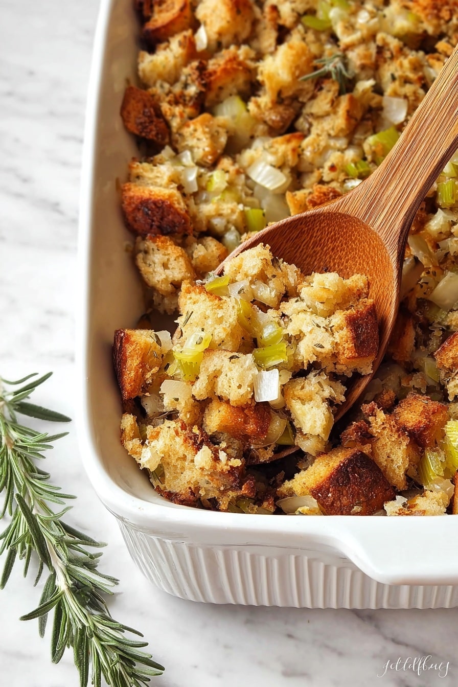 The image shows a white oval dish filled with a mixed dish of toasted bread cubes and small pieces of celery, all in light brown and green colors. The bread cubes are crispy and uneven, with a few bits of green celery mixed throughout, creating a rough texture on top. Beside the dish, there is a wooden spoon holding a small amount of the same mixture, with a sprig of fresh rosemary resting next to it. The whole scene is set on a white marbled surface with a subtle tile design visible underneath. Photo taken with an iphone --ar 2:3 --v 7 - Gluten-Free Stuffing, gluten-free stuffing recipe, holiday stuffing, easy gluten-free side dish, savory gluten-free stuffing