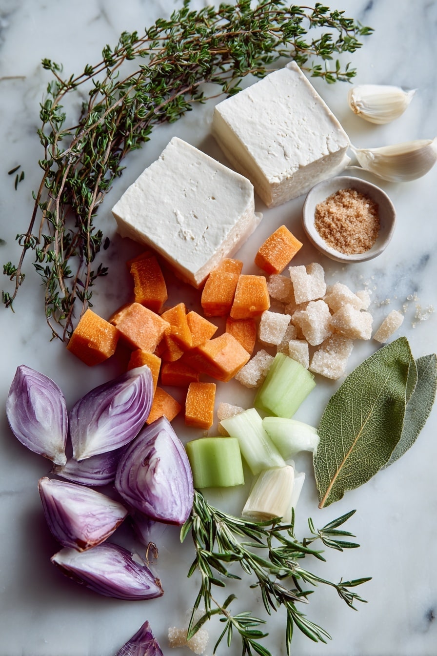 Flat lay of silken tofu with its smooth, creamy white texture, bright orange peeled carrot chunks, fresh green sprigs of thyme and rosemary, quartered purple-red onion pieces, pale green celery stalks cut into segments, a halved head of garlic showing its soft white cloves, vibrant bay leaves in rich forest green, and light brown sugar crystals scattered gently around, all arranged naturally with delicate layering and contrasting shapes, placed on white marbled surface, photo taken with an iphone --ar 2:3 --v 7 - Vegan Turkey Roast Seitan, vegan holiday roast, plant-based turkey alternative, vegetarian seitan roast, vegan festive centerpiece
