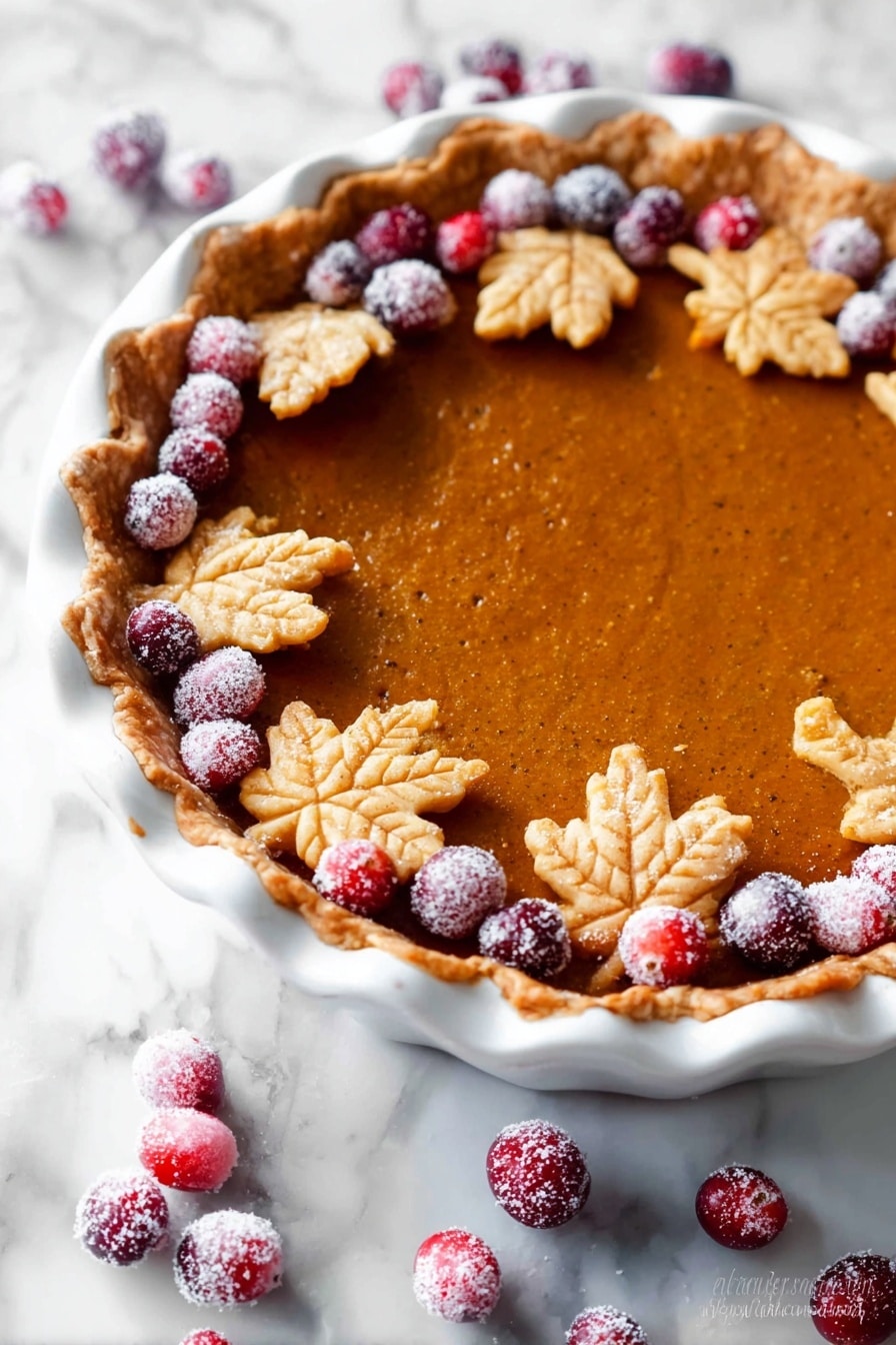 A slice of pumpkin pie is on a white plate with a white marbled texture background. The pie has two main layers: a light golden crust at the bottom and a thick, smooth, deep orange pumpkin filling on top. The crust edge is decorated with two small, detailed leaf-shaped pieces of pie crust that are golden brown. On top of the pumpkin filling, near the crust, there are three sugared bright red cranberries. In the center of the slice, there is a swirl of white whipped cream. Next to the pie slice is a silver fork holding a small piece of the crust and filling. In the background, there is a white square bowl filled with sugared cranberries. Photo taken with an iphone --ar 2:3 --v 7 - Great Pumpkin Pie, pumpkin pie classic, fall dessert recipes, flaky pumpkin pie crust, sugared cranberry garnish