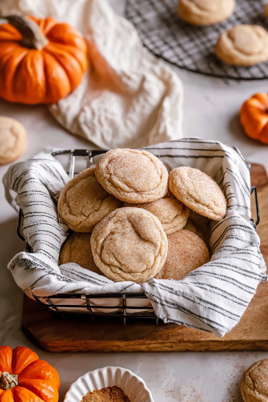 A black metal rectangular tray lined with a white kitchen towel with black stripes holds two stacks of round, light brown cookies dusted with sugar. The cookies have a crinkled, soft texture with slightly darker edges. The background shows a white marbled texture with blurred orange pumpkins, adding an autumn feel to the scene. Photo taken with an iphone --ar 2:3 --v 7 - Pumpkin Spice Cookies, fall cookies, pumpkin spice treats, chewy pumpkin cookies, easy pumpkin cookies