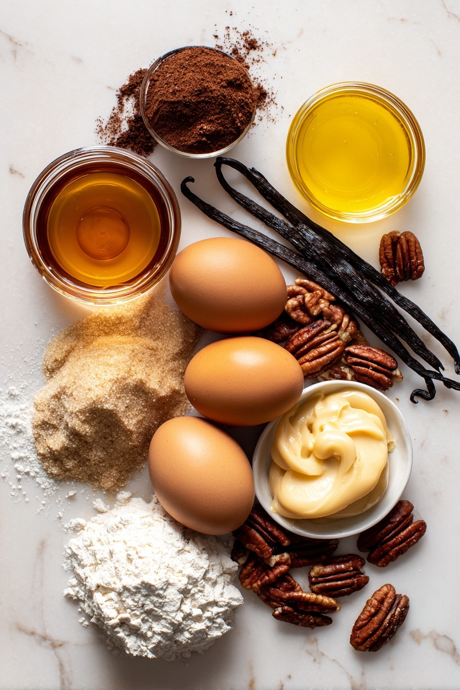Flat lay of glossy amber maple syrup in a small glass jar, rich dark-brown sugar piled in a neat mound, smooth golden extra-virgin olive oil shimmering in soft light, a cluster of large fresh brown eggs with one cracked open showing its vibrant yolk, toasted pecans with deep brown ridged shells and chopped pieces scattered artfully, a stick of vanilla bean split open revealing tiny black seeds, pale off-white all-purpose flour in a soft heap, and a dollop of creamy caramel sauce with warm golden hues, all arranged naturally with some pecans spilling gently around, placed on white marbled surface, photo taken with an iphone --ar 2:3 --v 7 - Maple Pecan Blondies with Caramel Glaze, pecan blondie recipe, maple blondies, caramel glaze dessert, nutty blondie bars