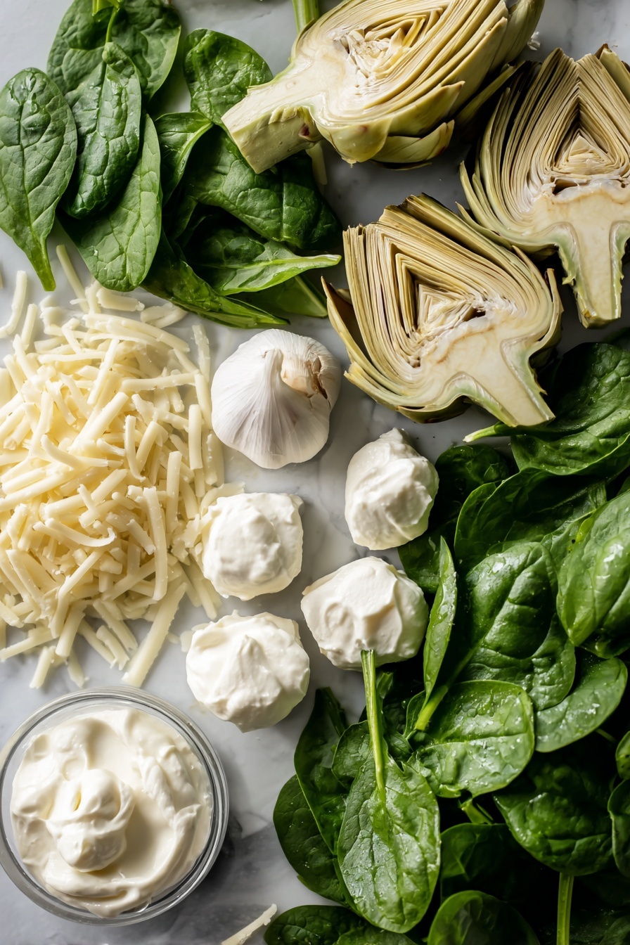 Flat lay of fresh deep green spinach leaves with their natural veiny texture, tender quartered pale green artichoke hearts with slight sheen, smooth and creamy white cream cheese softened to a spreadable consistency, small dollops of thick white sour cream and glossy mayonnaise, finely shredded pale yellow parmesan cheese with jagged edges, soft white shredded mozzarella cheese strips, and a single peeled garlic clove showing its smooth off-white surface, all beautifully arranged in a natural, slightly scattered way, placed on white marbled surface, photo taken with an iphone --ar 2:3 --v 7 - Spinach Artichoke Dip, Spinach Artichoke Dip recipe, cheesy spinach artichoke dip, easy spinach dip, party appetizer recipes