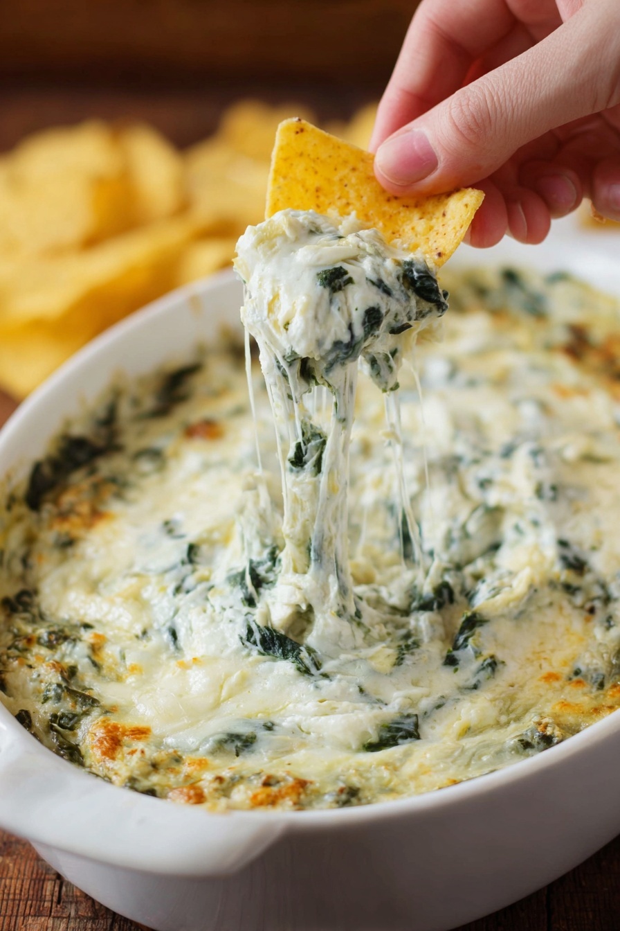 A white dish filled with creamy spinach and artichoke dip that has a thick, smooth texture with visible green spinach leaves mixed evenly throughout. The dip has a melted cheese layer creating stretchy, gooey strings lifted by a woman's hand holding a triangular yellow corn chip dipped into the mixture. In the background, the white dish rests on a wooden surface with a softly blurred effect, highlighting the cheesy, rich texture of the dip photo taken with an iphone --ar 2:3 --v 7 - Spinach Artichoke Dip, Spinach Artichoke Dip recipe, cheesy spinach artichoke dip, easy spinach dip, party appetizer recipes