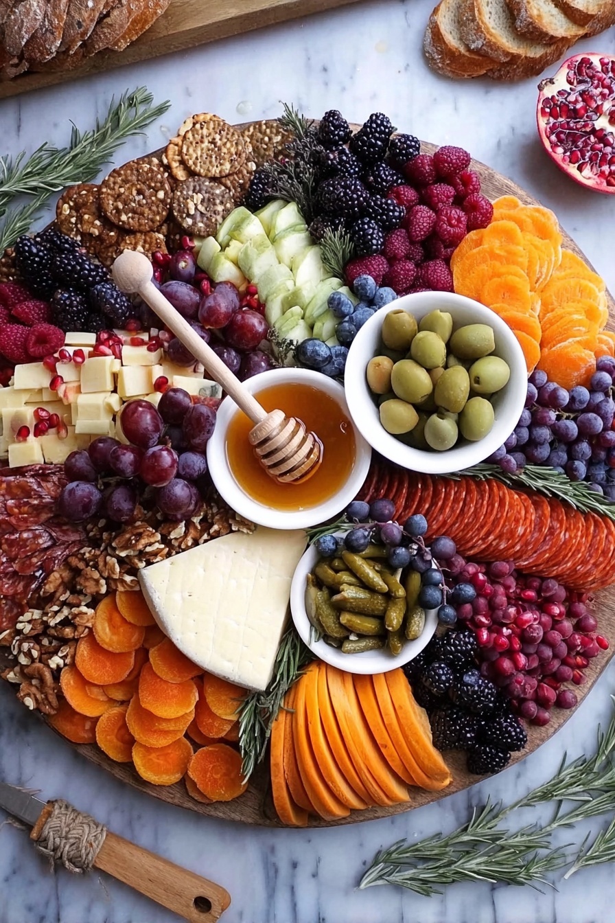 A large round board filled with many colorful layers, starting with a base layer of purple-black blackberries and blueberries on one side and orange mini pumpkins and bright orange slices on the other side. On top of this base, there are several small piles of different items: white bowl with honey and a wooden honey dipper in the center, a white bowl filled with green olives to the right, and another white bowl with small pickles toward the lower center. Around the bowls are layers of orange sliced cheese, red folded cured meat, dark red sliced sausages, and light yellow cheese chunks. There are also clusters of dark purple grapes, red raspberries, pomegranate seeds, and mixed nuts like walnuts and pistachios scattered around. Garnishes of green rosemary sprigs add contrast. The whole arrangement sits on a white marbled surface, with parts of bread and white cheese near the edges. Photo taken with an iphone --ar 2:3 --v 7 - Fall Cheese Board, fall cheese board ideas, autumn cheese platter, fall appetizer, seasonal cheese board