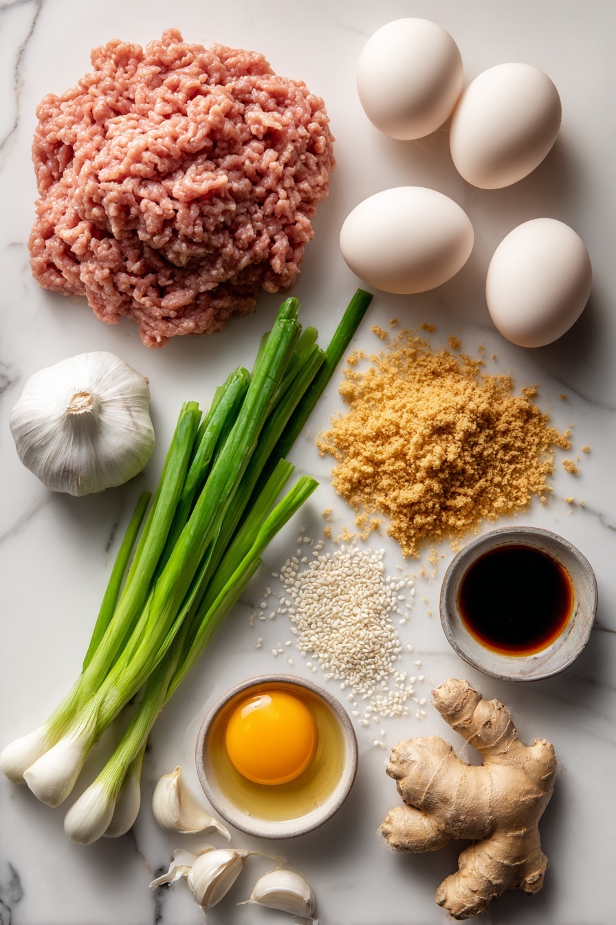 Flat lay of fresh ground turkey breast in a neat mound, whole eggs with smooth cream-colored shells, unseasoned golden panko breadcrumbs scattered loosely, plump garlic bulbs and individual peeled cloves showing their white papery texture, vibrant green scallions with leafy tops and white bulbs, fresh ginger root with its knobby light brown skin, glossy dark brown hoisin sauce in a small spill, rich amber rice wine vinegar in a clear small puddle, and tiny white sesame seeds sprinkled naturally nearby, all arranged with balance and harmony, placed on white marbled surface, photo taken with an iphone --ar 2:3 --v 7 - Asian Glazed Turkey Meatballs, turkey meatballs recipe, Asian glazed meatballs, easy meatball recipes, flavorful turkey meatballs