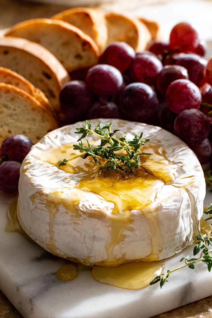 A round, soft cheese with a white rind is shown with its top layer opened, revealing a thick, creamy, melted yellow inside flowing onto white parchment paper beneath. A woman's hand is lifting a toasted, oval-shaped bread piece from the cheese, pulling the melted cheese in a stretchy, gooey stream. There is a small green herb sprig on the cheese and some red grapes blurred in the background, all set on a white marbled surface. photo taken with an iphone --ar 2:3 --v 7 - Baked Brie with Honey and Thyme, baked brie appetizer, easy baked cheese, honey thyme cheese dip, party appetizer ideas