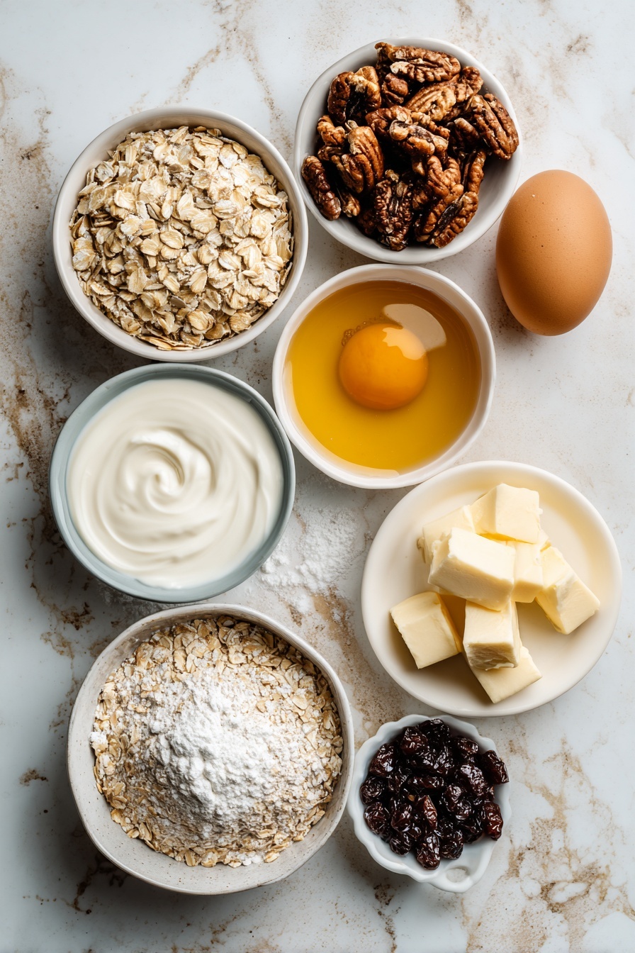 Flat lay of toasted pecan halves with rich brown hues and rugged textures, plump dark currants with a glossy sheen, rustic old-fashioned rolled oats in soft beige clusters, smooth cold unsalted butter pieces in pale yellow blocks, golden maple syrup glistening in a small natural pool, creamy white heavy cream in a gentle swirl, a fresh brown egg with a smooth shell, and a small pile of fine white confectioners' sugar, all beautifully arranged with natural spacing and slight overlaps, placed on white marbled surface, photo taken with an iphone --ar 2:3 --v 7 - Glazed Oatmeal Maple Scones with Pecans & Currants, oatmeal scones with pecans and currants, maple glazed breakfast scones, homemade pecan and currant scones, easy breakfast scone recipes