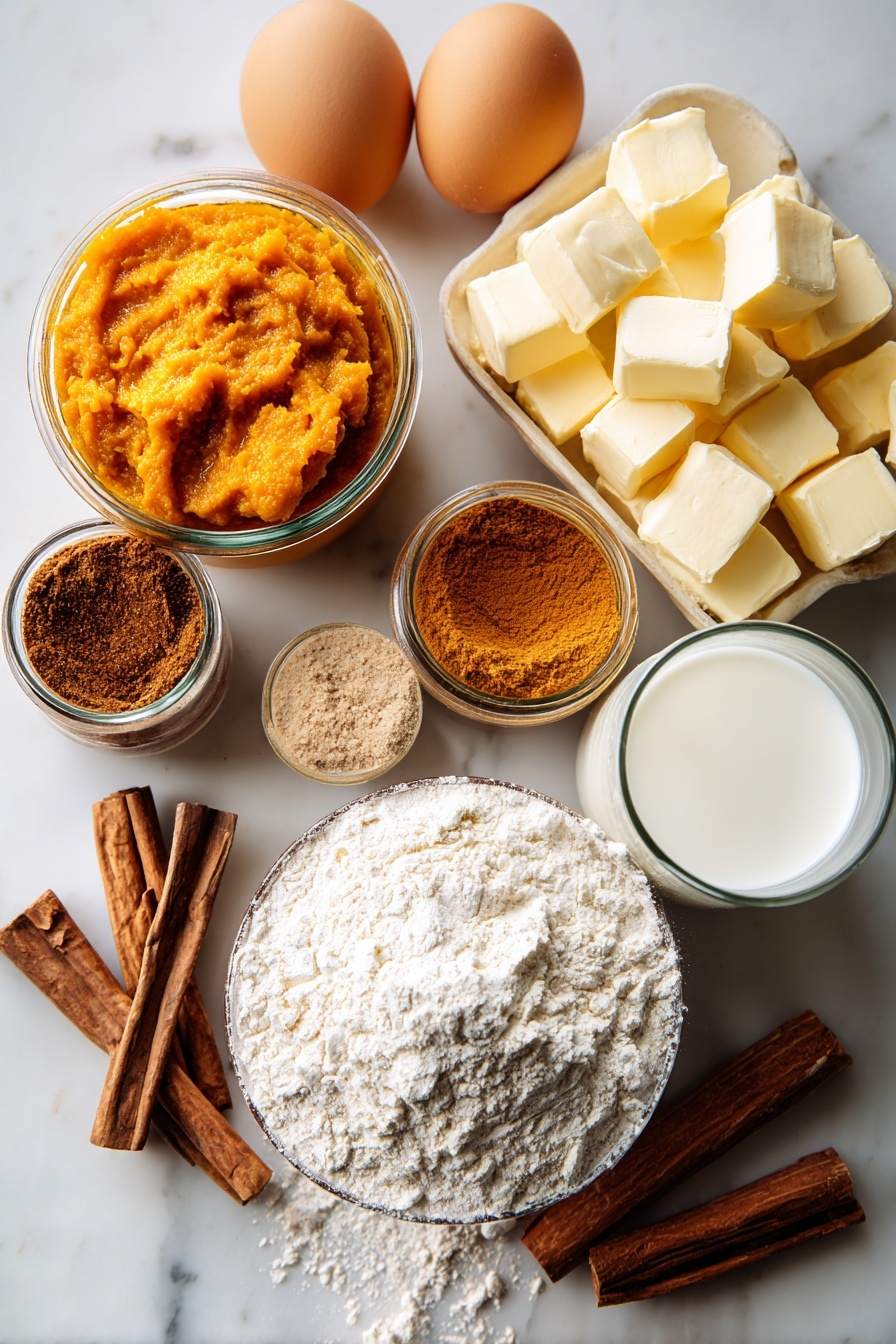 Flat lay of rich orange canned pumpkin puree, golden light and dark brown sugar crystals, warm cinnamon sticks, aromatic pumpkin pie spice powder gently scattered, smooth large brown eggs, creamy white milk in a small glass jar, soft pale yellow cubes of unsalted butter, and fine white all-purpose flour mounded softly, placed on a white marble surface, photo taken with an iphone --ar 2:3 --v 7 - Pumpkin Crumb Cake Muffins, fall pumpkin muffins, easy pumpkin muffin recipe, crumb topping muffins, pumpkin spice breakfast muffins