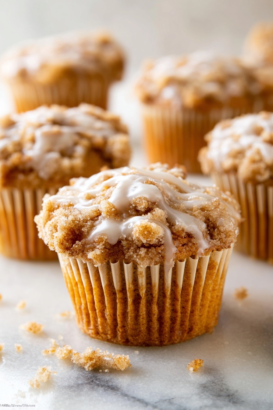 A group of seven crumb-topped muffins with a rough, crumbly golden brown texture, each drizzled with a light white sugary glaze. The muffins sit close together on a smooth white round plate. The glaze drips slightly on the plate, adding a shiny, wet look to the dry crumb topping. The plate is placed on a white marbled surface with a few crumbs scattered around it. Photo taken with an iphone --ar 2:3 --v 7 - Pumpkin Crumb Cake Muffins, fall pumpkin muffins, easy pumpkin muffin recipe, crumb topping muffins, pumpkin spice breakfast muffins