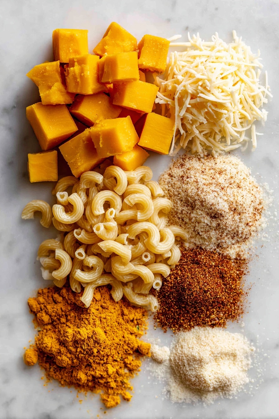 Flat lay of bright orange pumpkin purée, golden cubes of cream cheese, sharp shredded cheddar cheese, finely grated Parmesan cheese, vibrant orange-brown pumpkin spice blend with visible specks of cinnamon and nutmeg, loose elbow macaroni pasta in a natural pale cream color, and a small pile of garlic and onion powders, all beautifully arranged in a balanced composition on a white marble surface, photo taken with an iphone --ar 2:3 --v 7 - Pumpkin Spice Mac and Cheese, pumpkin spice mac and cheese, festive comfort food, cheesy pumpkin pasta, seasonal fall recipe