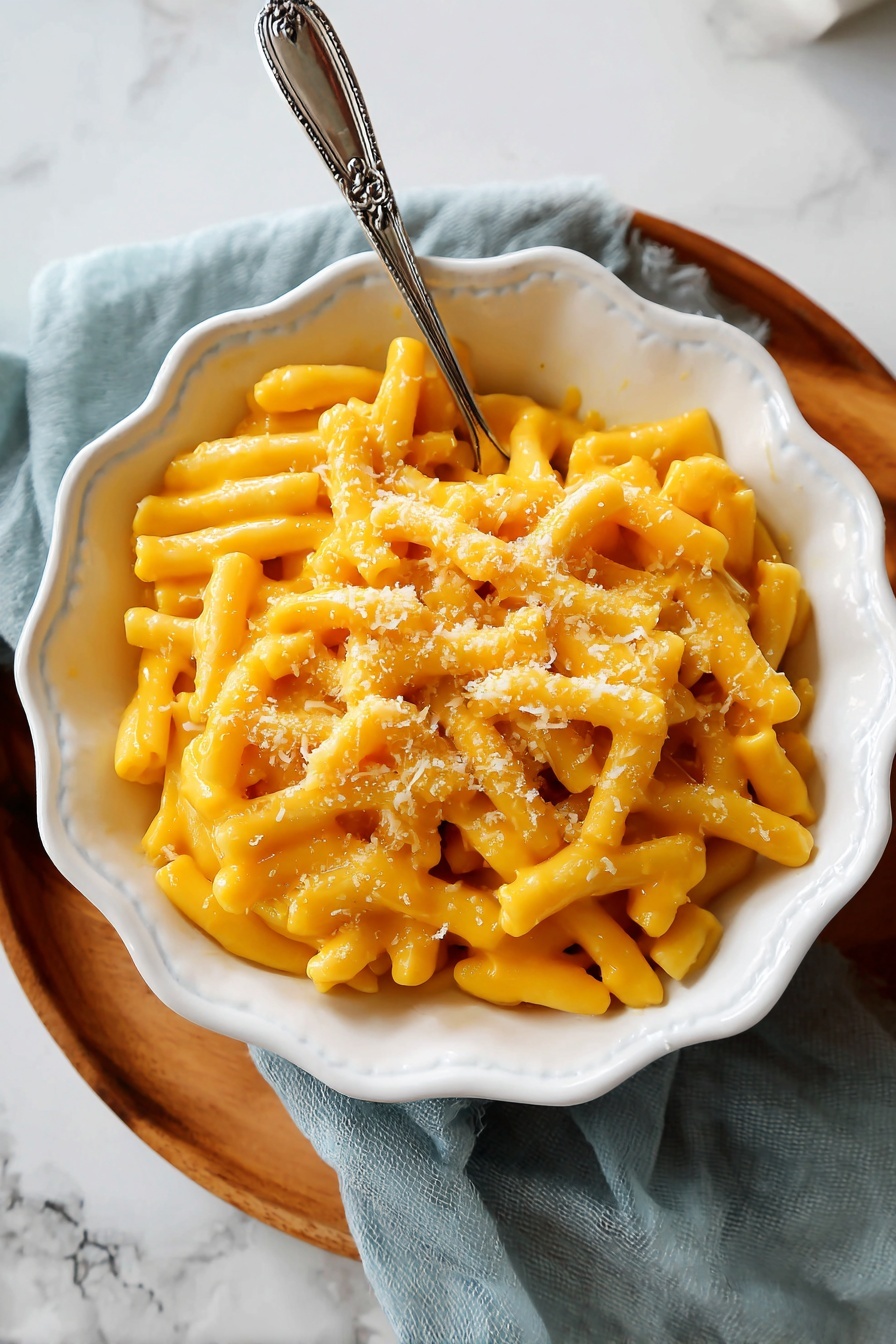 A white scalloped bowl filled with creamy, smooth mac and cheese showing thick noodles coated evenly with bright orange cheese sauce, placed on a wooden board with a soft blue and white cloth beside it, an old silver fork resting on the cloth, a small white bowl with grated cheese slightly visible in the top left corner, and a white pot with more mac and cheese on the top right on a white marbled surface photo taken with an iphone --ar 2:3 --v 7 - Pumpkin Spice Mac and Cheese, pumpkin spice mac and cheese, festive comfort food, cheesy pumpkin pasta, seasonal fall recipe