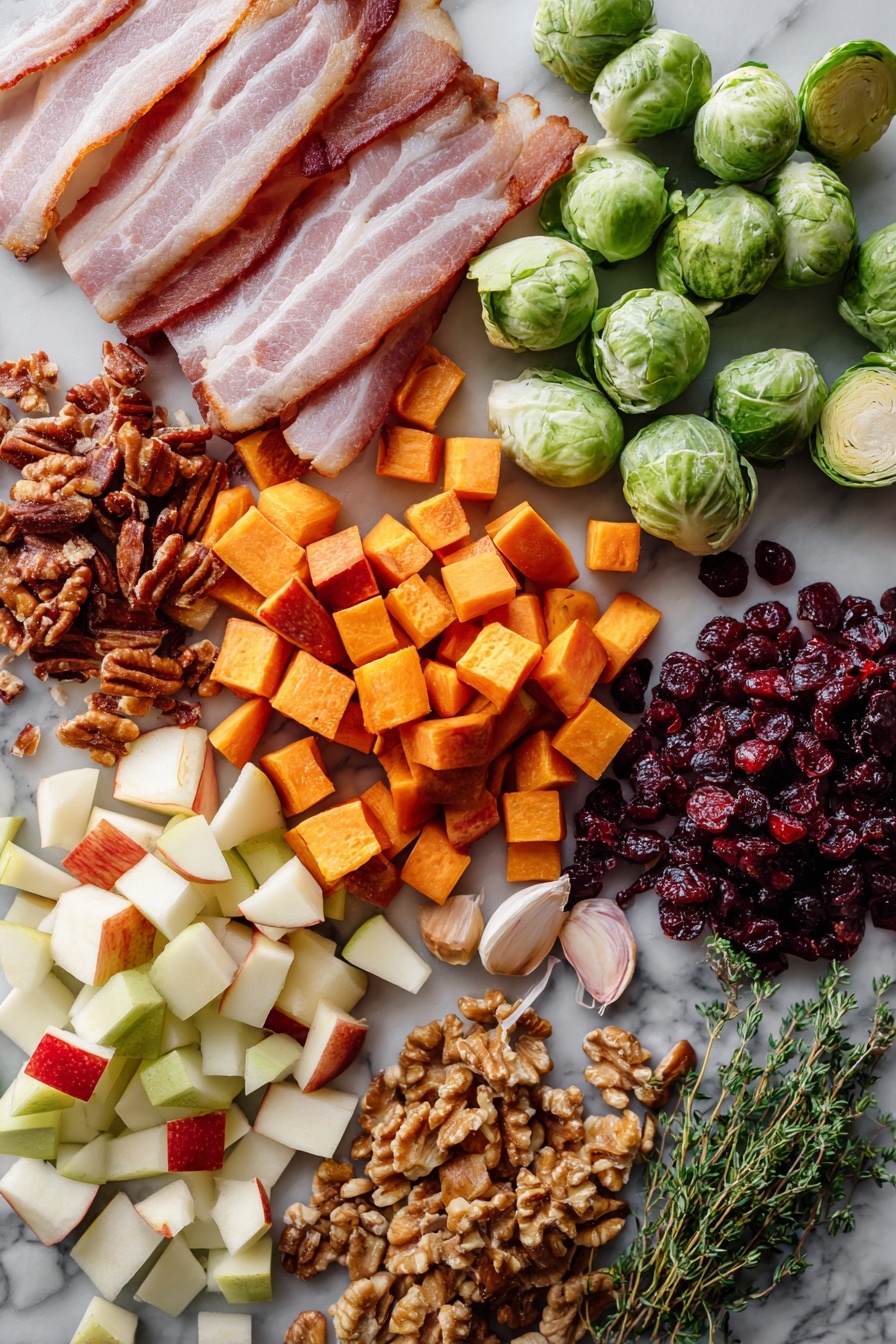 Flat lay of thick-cut bacon slices, diced small sweet potatoes, halved Brussels sprouts, diced red apple pieces, roughly chopped walnuts, dried cranberries, fresh green thyme sprigs, small brown onion diced, and garlic cloves, all beautifully arranged with warm autumn colors and natural textures, placed on a white marble surface, photo taken with an iphone --ar 2:3 --v 7 - One-Pot Easy Harvest Chicken Skillet, autumn chicken skillet, quick chicken dinner, cozy fall recipes, one-pan chicken meal
