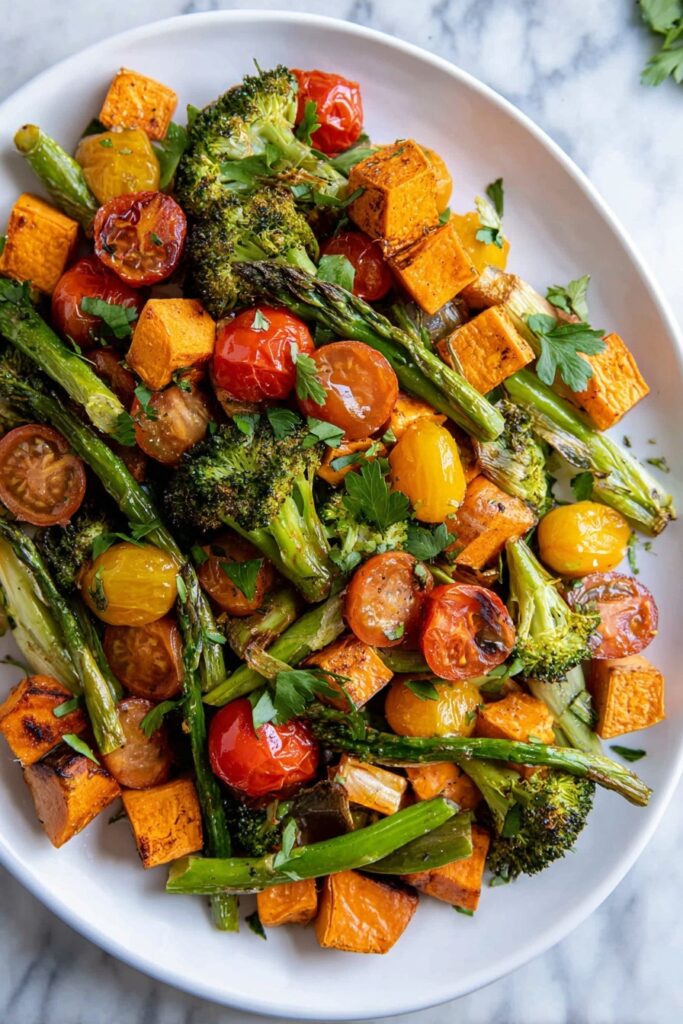 Sheet Pan Roasted Vegetables with Sweet Potatoes, Broccoli, Asparagus, and Cherry Tomatoes Recipe