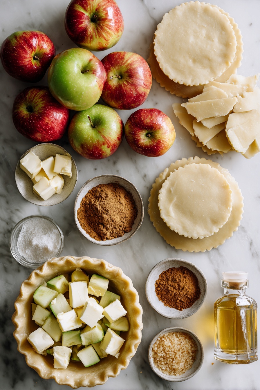 Flat lay of fresh chopped apples with their natural red and green skins, small cubes of creamy butter, golden granulated sugar crystals, warm brown ground cinnamon and nutmeg powders, smooth pale pie crust dough rounds, and a small glass bottle of pure vanilla extract, all beautifully arranged in a balanced composition highlighting their textures and colors, placed on a white marble surface, photo taken with an iphone --ar 2:3 --v 7 - Apple Hand Pies, apple hand pies recipe, portable apple pies, individual apple pies, homemade apple hand pies
