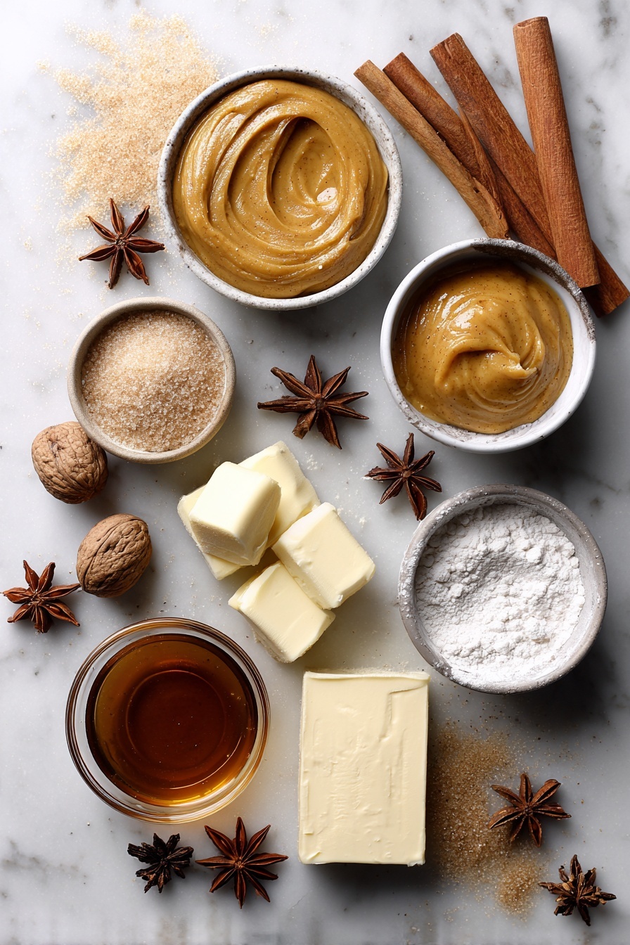 Flat lay of smooth pumpkin puree dollops, golden light brown sugar piles, warm cinnamon sticks, star anise, whole nutmeg, shiny unsalted butter cubes, glossy maple syrup drizzle, and creamy vanilla beans, all beautifully arranged with a scattering of raw all-purpose flour on a white marble surface, photo taken with an iphone --ar 2:3 --v 7 - Pumpkin Coffee Cake with Maple Glaze and Crumb Topping, fall pumpkin dessert, pumpkin coffee cake recipe, easy pumpkin coffee cake, pumpkin cake with maple glaze
