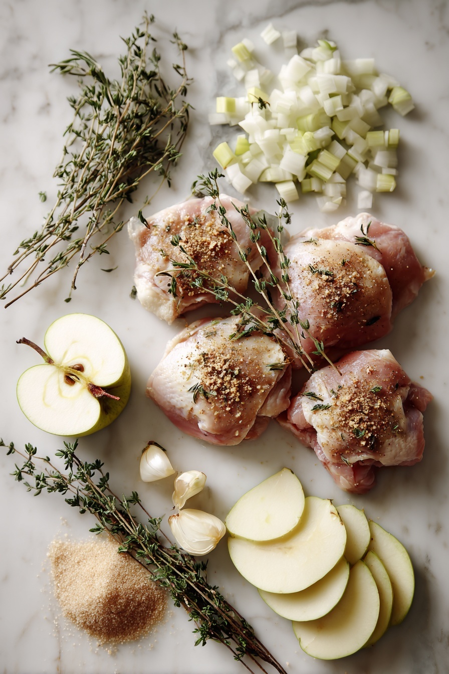 Flat lay of boneless, skinless chicken thighs seasoned with ground coriander, cinnamon, nutmeg, and dried thyme, surrounded by thinly sliced fresh apple pieces, chopped shallots, sprigs of fresh thyme and rosemary, a small mound of light brown sugar, and a pat of unsalted butter, all beautifully arranged on a white marble surface, photo taken with an iphone --ar 2:3 --v 7 - Skillet Apple Cider Chicken, apple cider chicken recipe, easy fall chicken dinner, weeknight chicken recipes, cozy chicken skillet dish