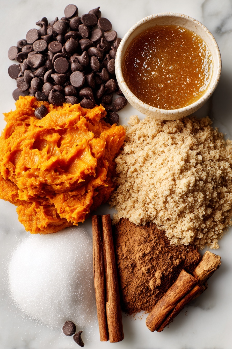 Flat lay of rich browned butter with its golden amber color, vibrant orange pumpkin puree, glossy semi-sweet chocolate chips, a heaping mound of light brown sugar, soft white granulated sugar crystals, a sprinkling of warm ground cinnamon, fresh grated nutmeg, and a small pile of ground ginger, all beautifully arranged side by side with a pinch of cloves and allspice nearby, placed on a white marble surface, photo taken with an iphone --ar 2:3 --v 7 - Chewy Pumpkin Chocolate Chip Cookies, pumpkin spice cookies, fall cookie recipes, soft pumpkin cookies, chocolate chip cookie ideas