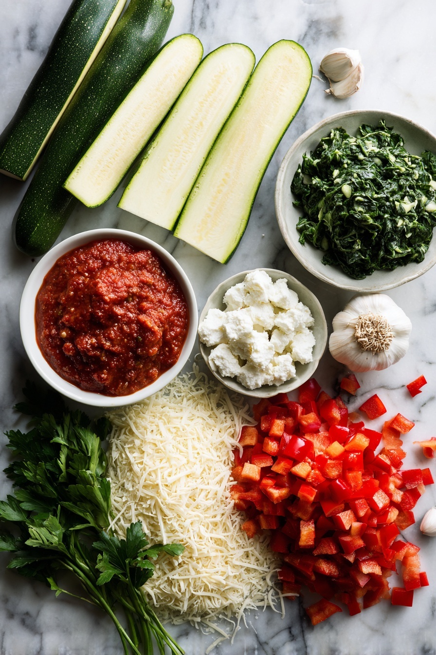 Flat lay of halved zucchinis with their flesh scooped out, diced red bell pepper, fresh spinach leaves finely chopped, whole garlic cloves, a mound of ricotta cheese, shredded mozzarella cheese, freshly grated Parmesan cheese, and a jar of vibrant marinara sauce, all beautifully arranged on a white marble surface, photo taken with an iphone --ar 2:3 --v 7 - Lasagna Stuffed Zucchini Boats, healthy zucchini boat recipes, low-carb lasagna alternative, cheesy zucchini boats, easy weeknight dinner ideas