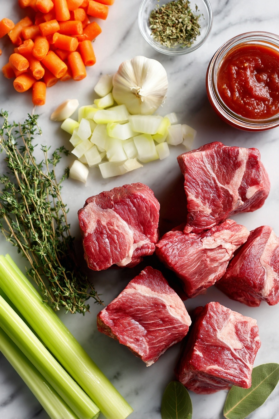 Flat lay of thick, raw chuck roast pieces with trimmed fat, diced pancetta cubes, bright orange peeled carrot chunks, finely chopped yellow onion, crisp celery ribs sliced, whole peeled garlic cloves, a small jar of deep red tomato paste, fresh green thyme sprigs, and glossy bay leaves beautifully arranged and placed on a white marble surface, photo taken with an iphone --ar 2:3 --v 7 - Italian Pot Roast, Italian Pot Roast recipe, Italian beef stew, Italian slow cooker dinner, tender Italian beef