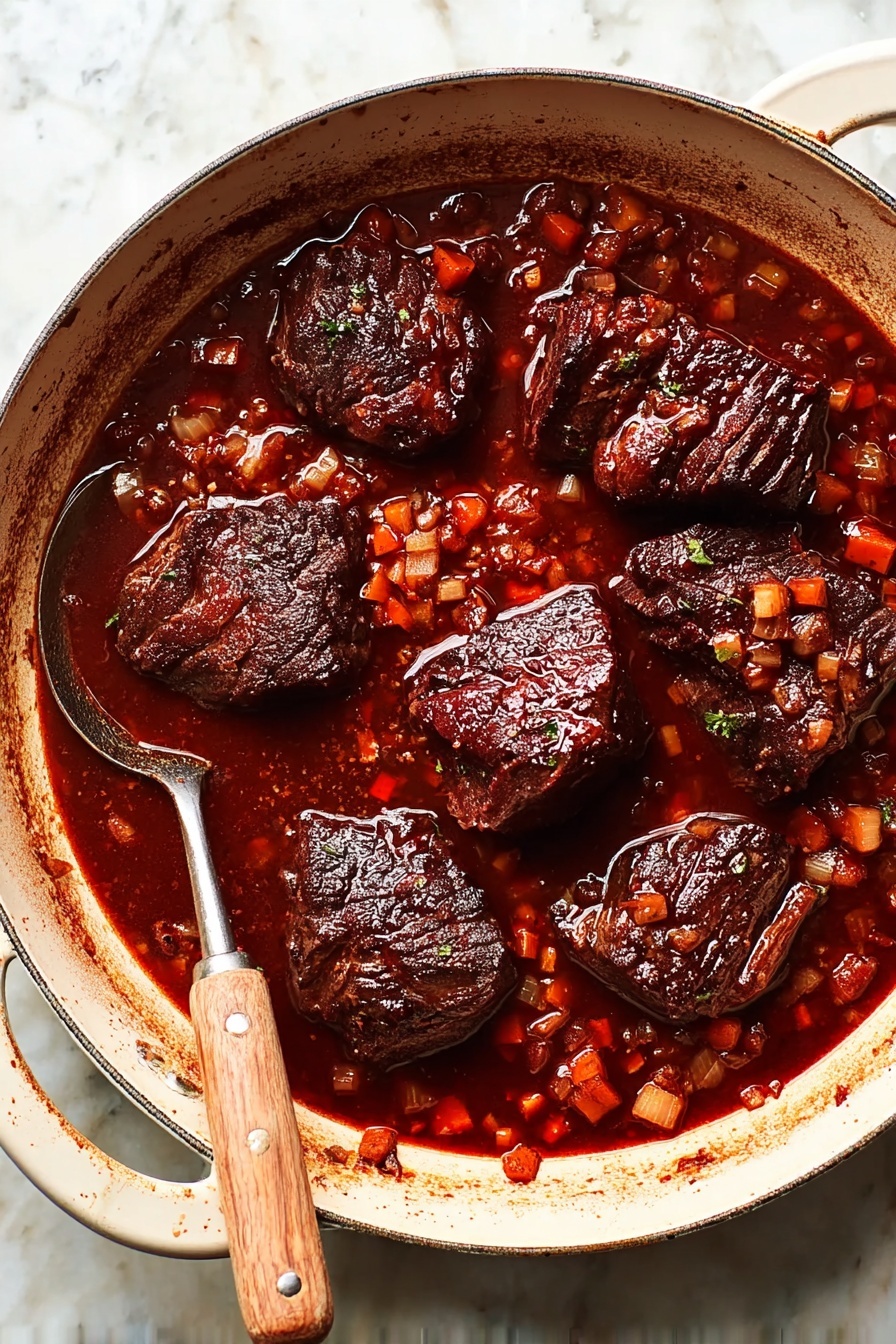 The image shows a white round pan filled with six large dark brown beef pieces simmering in a deep red-brown sauce with a rich glossy texture. The sauce contains small diced carrots and onions scattered evenly around the beef pieces. A metal spoon with a light wooden handle rests inside the pan, partially submerged in the sauce on the left side. The pan is placed on a white marbled surface that enhances the color contrast of the food. photo taken with an iphone --ar 2:3 --v 7 - Italian Pot Roast, Italian Pot Roast recipe, Italian beef stew, Italian slow cooker dinner, tender Italian beef