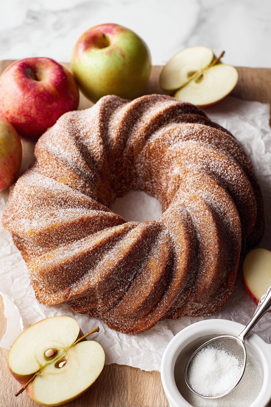 A round bundt cake with a golden brown crust is placed on crumpled white parchment paper over a white marbled surface. The cake is sliced into five pieces, showing a soft, light beige inside with a moist texture. Thick white icing is drizzled in broad lines across the top and sides, with some icing pooled around the cake on the parchment. A small white bowl filled with cinnamon sugar sits nearby, along with a beige-handled knife resting on the surface. The overall scene is softly lit, focusing on the texture and glaze of the cake. photo taken with an iphone --ar 2:3 --v 7 - Apple Cider Bundt Cake with Cinnamon Sugar and Glaze, fall apple cake recipes, cozy autumn desserts, moist apple cake with glaze, cinnamon spice cake